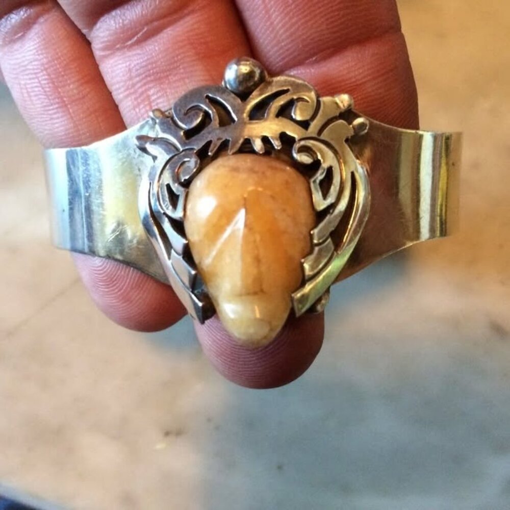 vtg STERLING ONYX tribal mexican mayan Taxco cuff bangle bracelet
